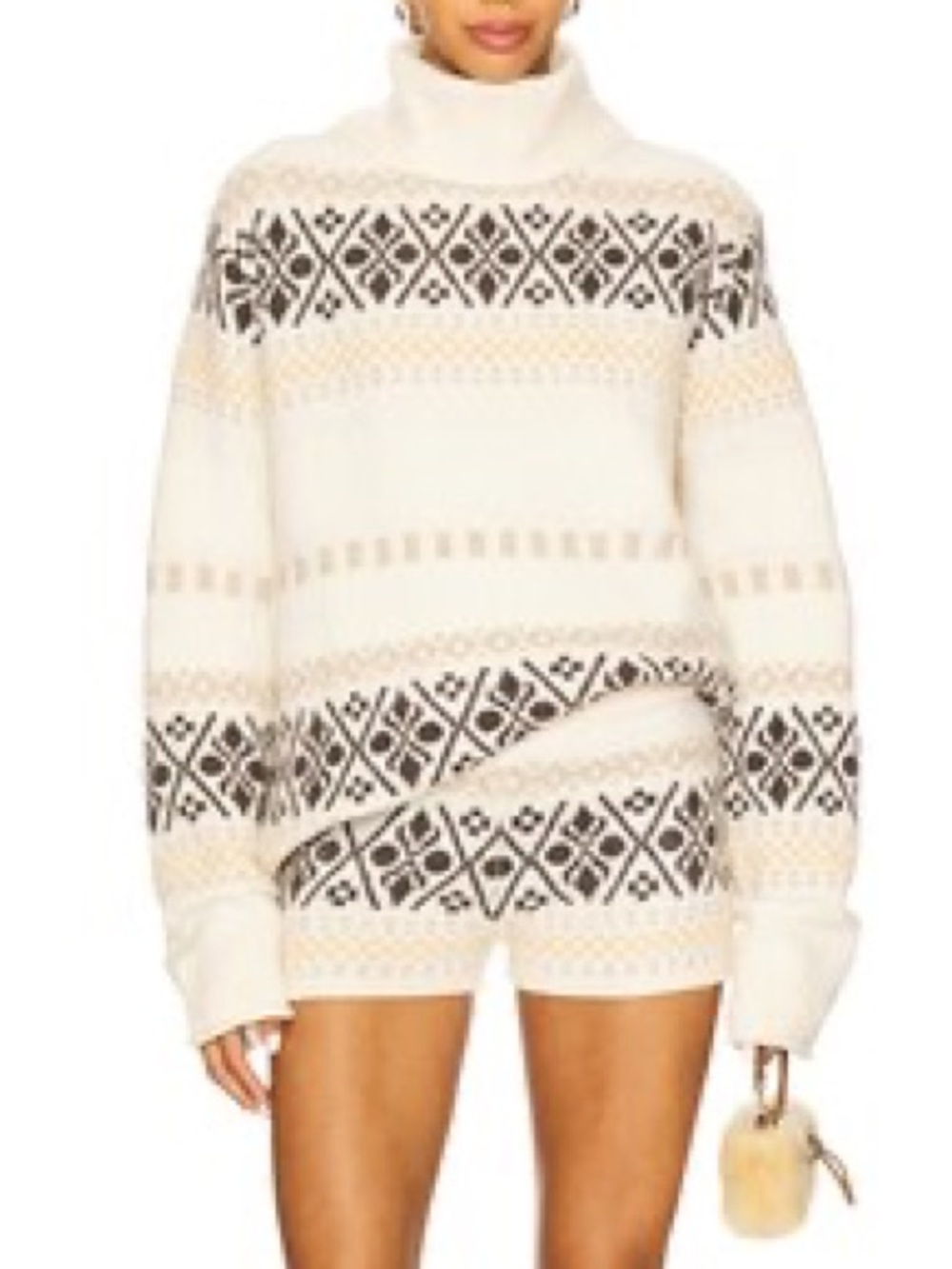 Cream Patterned Cowl Neck Sweater and Shorts SET - Cozy Nordic Knit